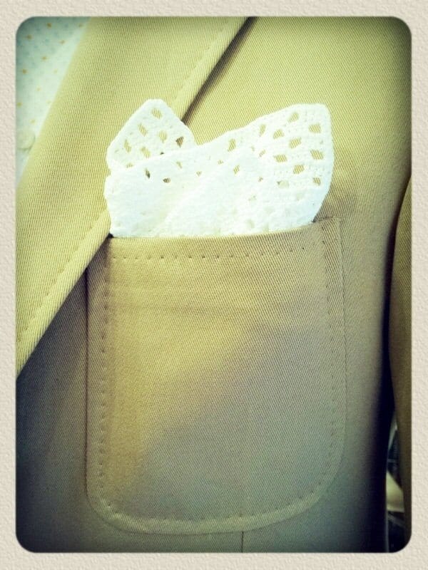 Giacca sartoriale in cotone Ermenegildo Zegna ~ Sartoria Scavelli ~ tasca impunturata con pochette fatta all'uncinetto.